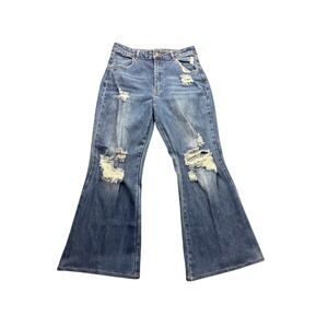 Almost Famous Womens High Rise Distressed Flare Jeans Blue Size 11 Wide Leg 0538